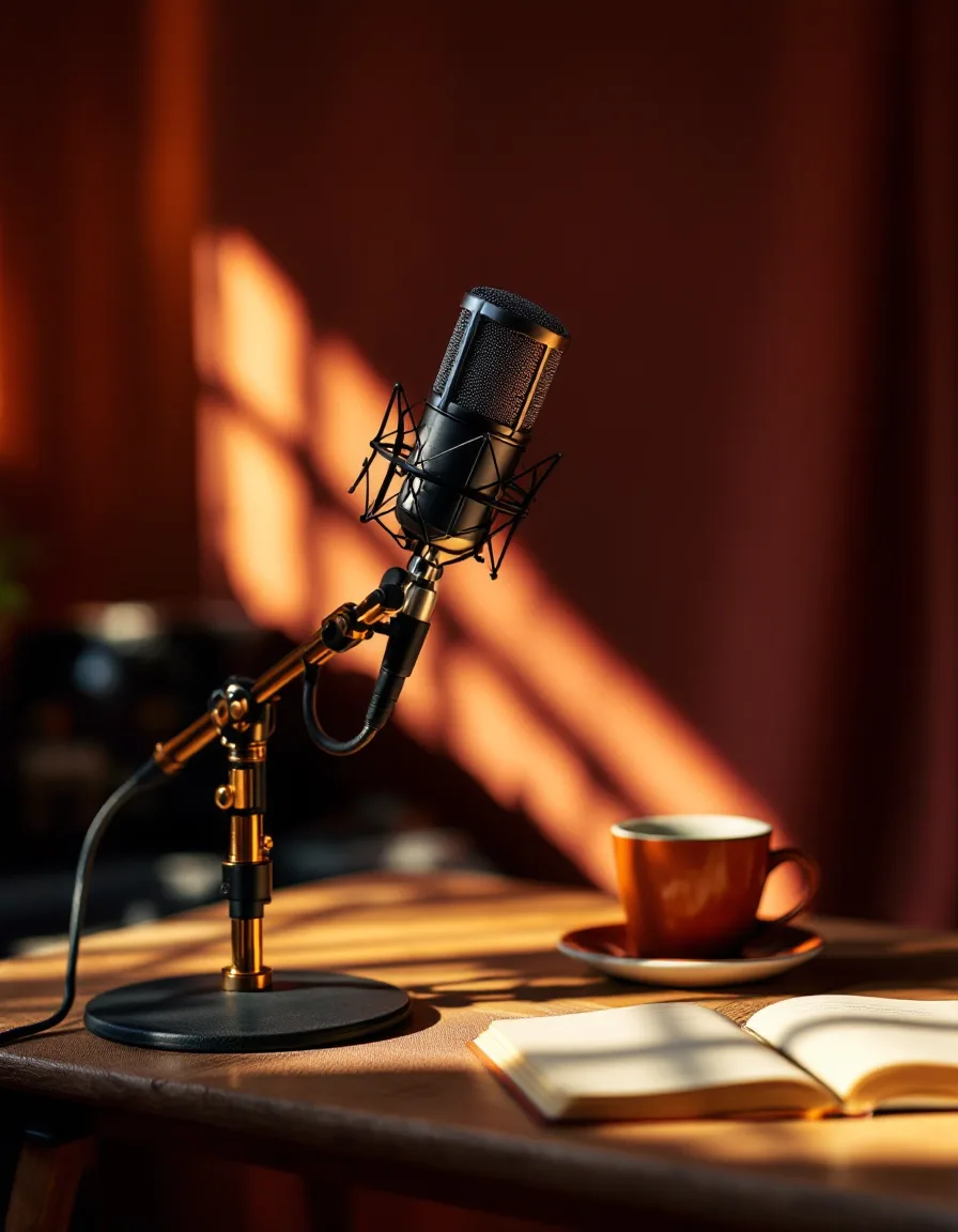 A studio microphone on a boom arm in the treated Austin Ave room